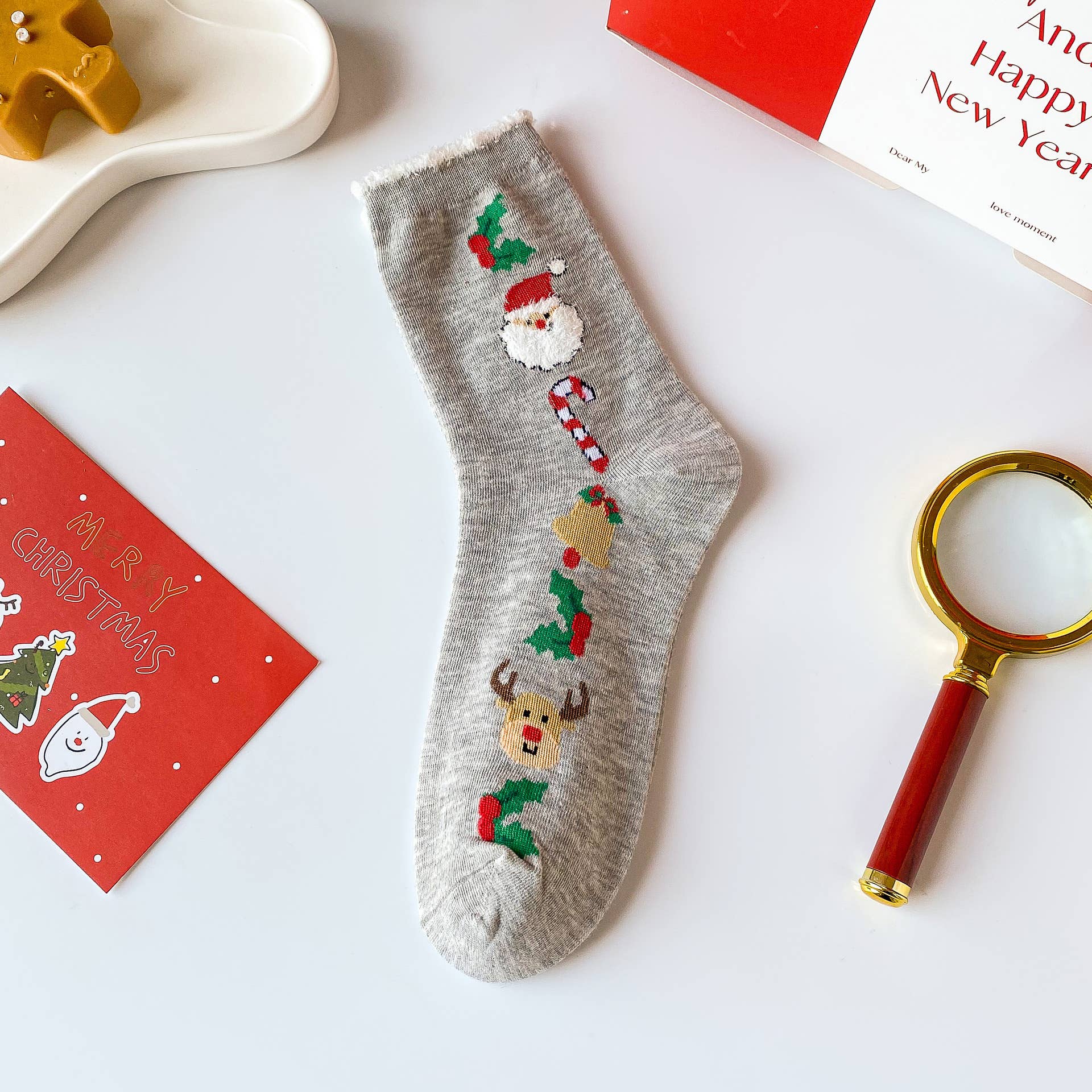 SANTA CLAUS ELK PATTERN CREW SOCKS FOR CHRISTMAS_CWMS0904