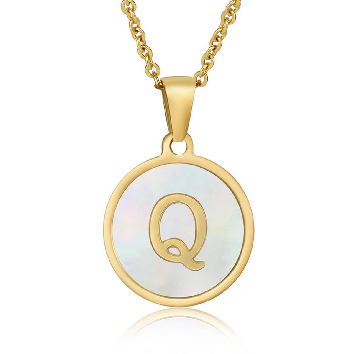 Cwaje1934_Round Stainless Steel White Shell Letter Necklace