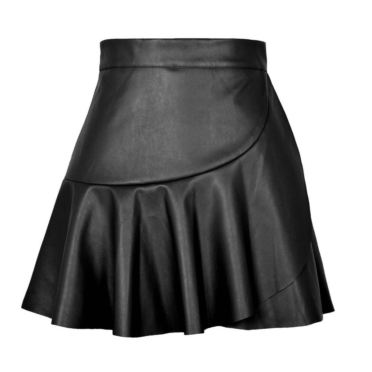 HIGH WAIST RUFFLED IRREGULAR LEATHER SKIRT_CWBSS0394