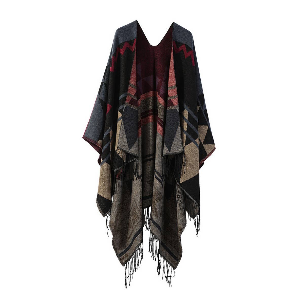 FRINGED GEOMETRIC PATTERN SHAWL SLIT CAPE SCARF_CWASC2213