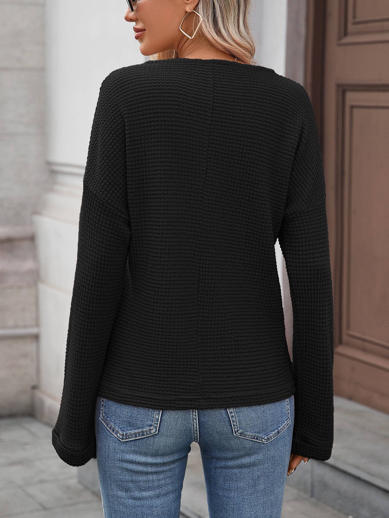 Waffle Round-Neck Solid-Color Knitted T-Shirt