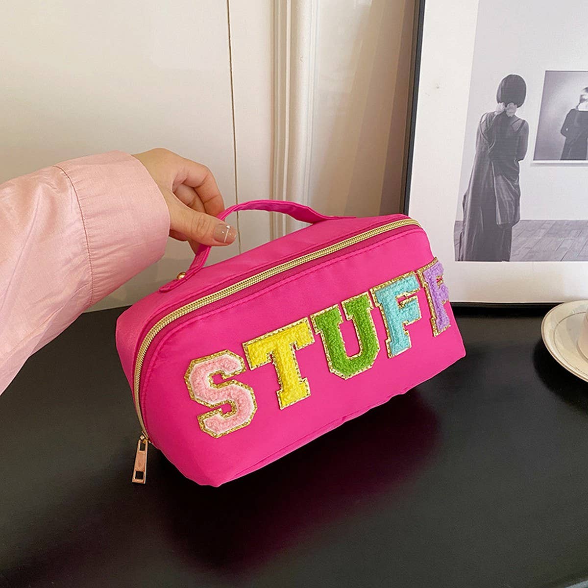 NYLON HAND HELD FLOCKING LETTER COSMETIC BAG_CWAB4383