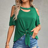 Solid-Color Round-Neck Hollowed-Out Knotted Top