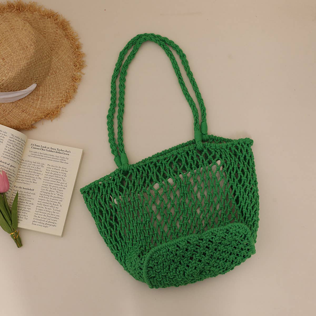 SIMPLE MESH ONE SHOULDER BEACH STRAW BAG_CWAB1884