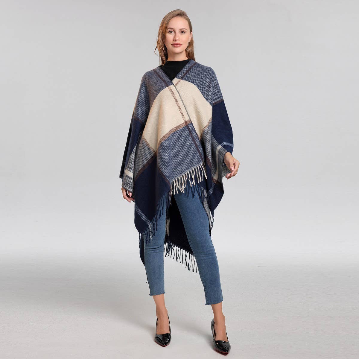FRINGED SHAWL PLAID SCARF FAUX CASHMERE SLIT CAPE_CWASC2258