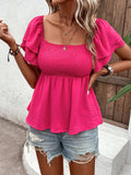 Solid-Color Cable-Lined Puffed-Sleeve T-Shirt