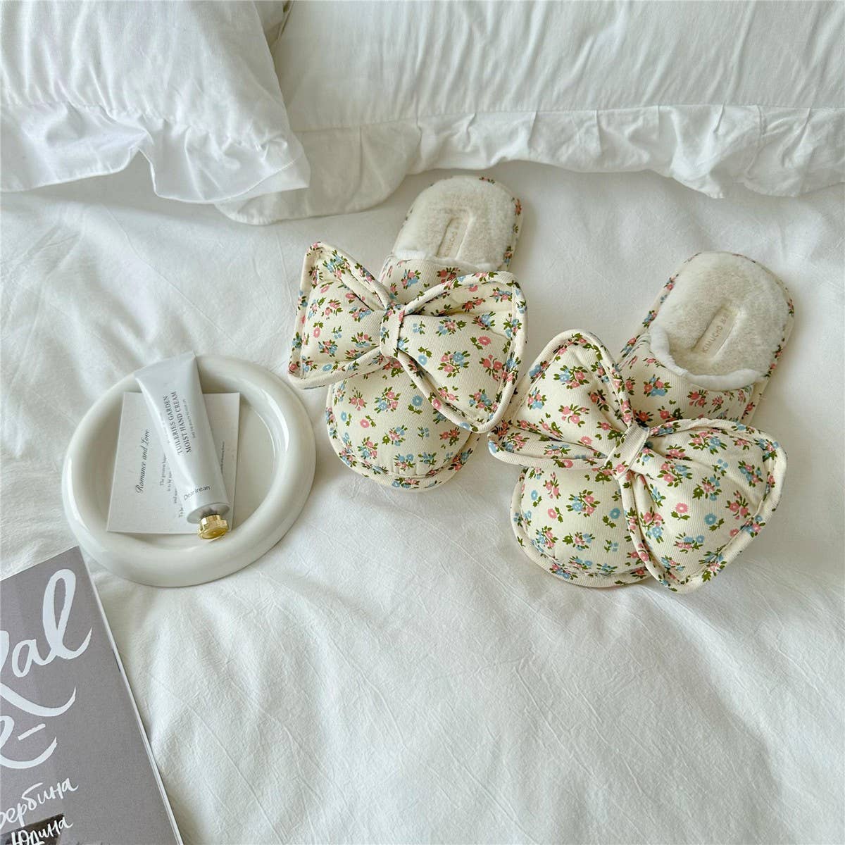 Womens Bowknot Floral Plush Home Slippers_Cwmm2980