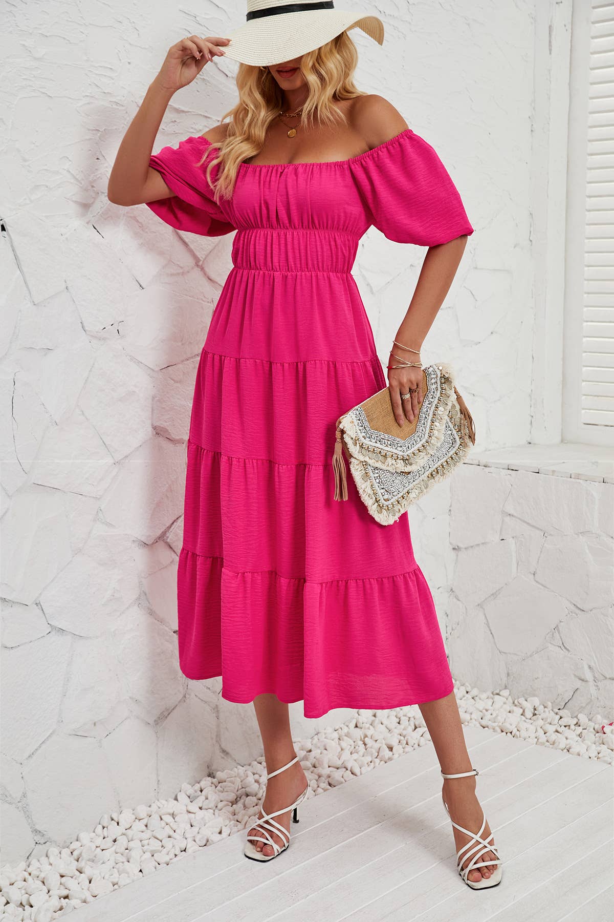 Square-Neck High-Waisted Pleated Dress