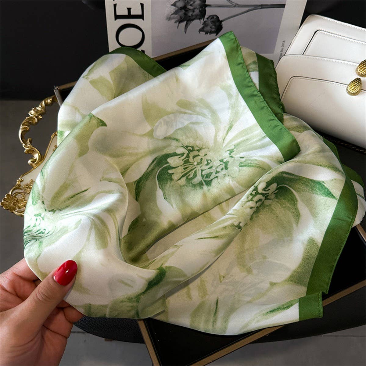 LOTUS PEONY PRINT SATIN SQUARE SCARF FOR SUMMER_CWASC1429