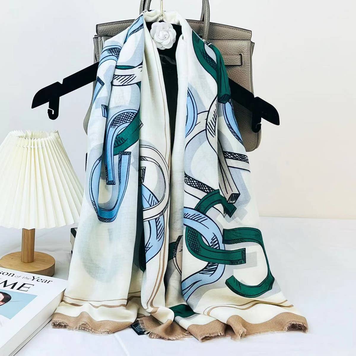 CHAIN PRINT SILK WOOL SCARF LUXURY TRAVEL SHAWL_CWASC0895