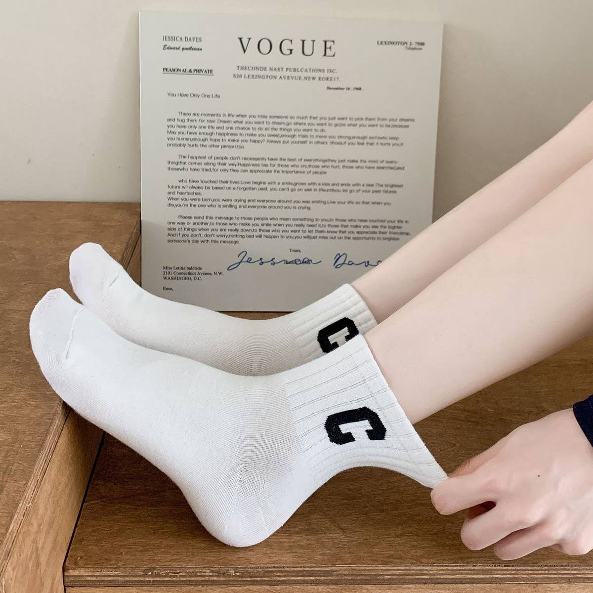 Women'S New White Striped Polka Dot Mid-Calf Socks_Cwms1350