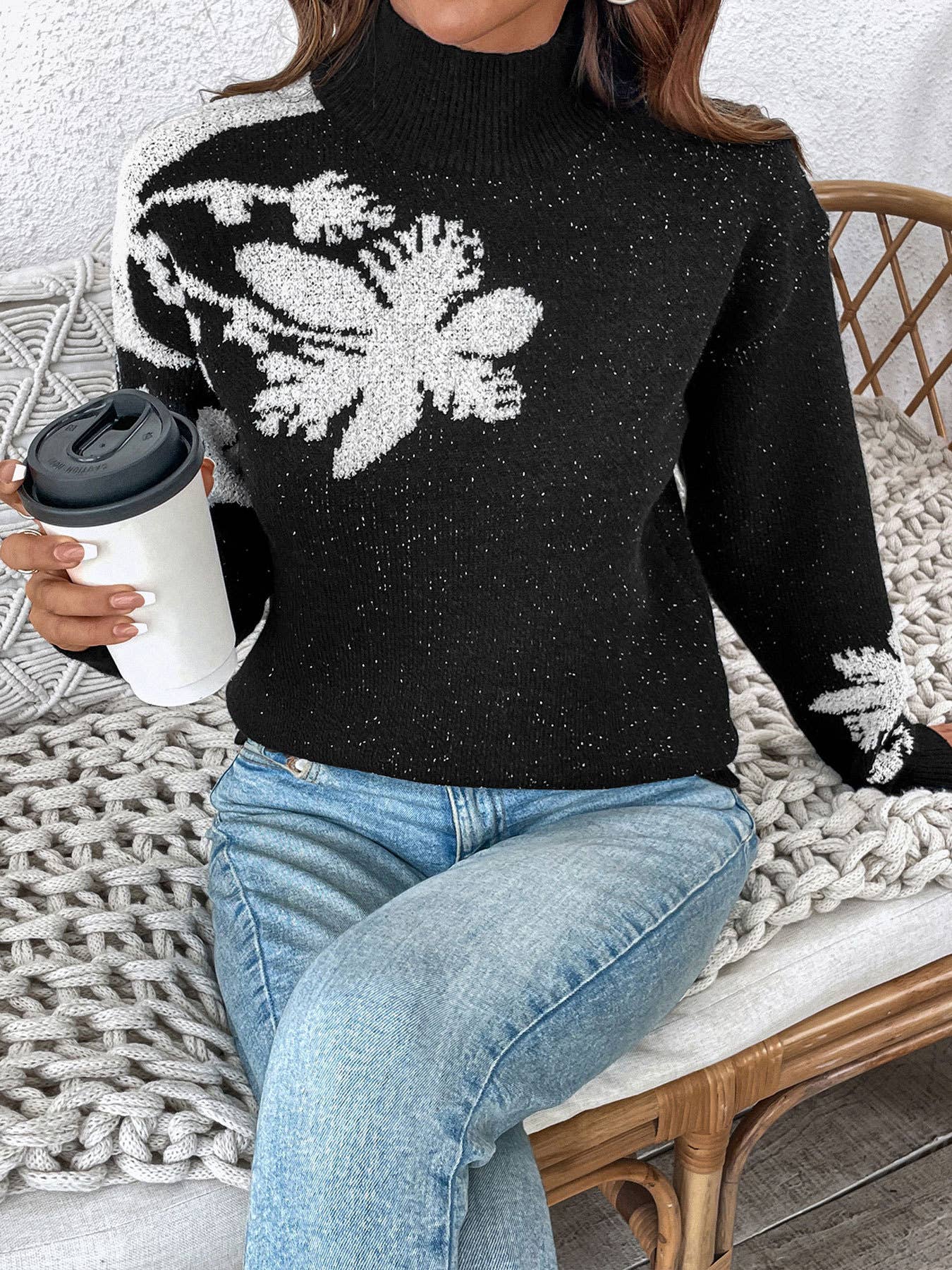Womens Half Turtleneck Color Jacquard Sweater