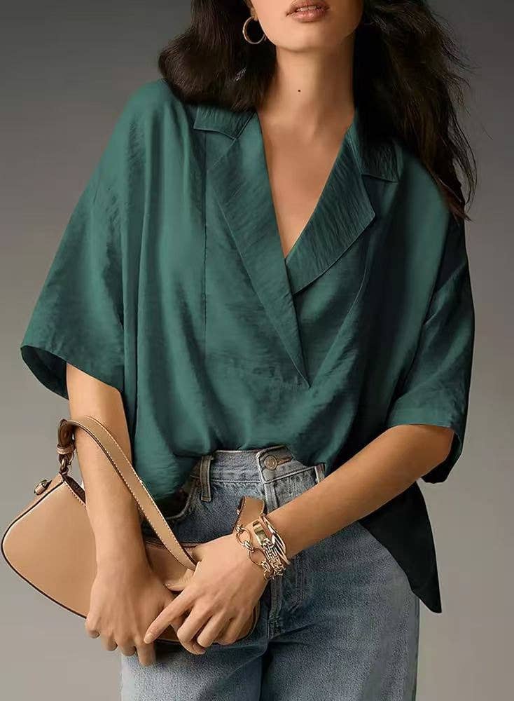 V-Neck Casual Loose Solid-Color Shirt