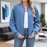 Solid-Color Round-Neck Zipper Loose Jacket