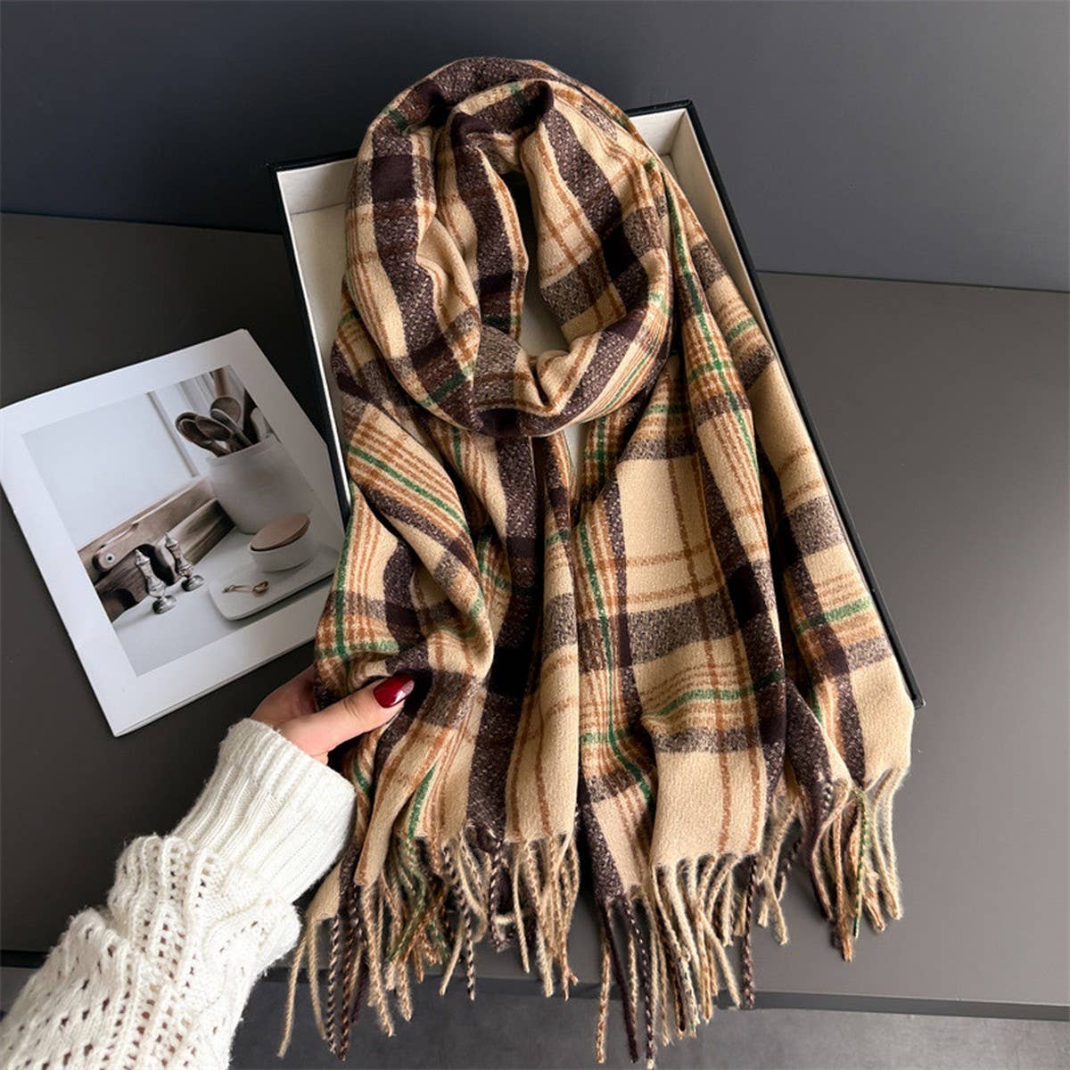 Vintage Plaid Winter Cashmere Feel Tassel Scarf_Cwasc03261