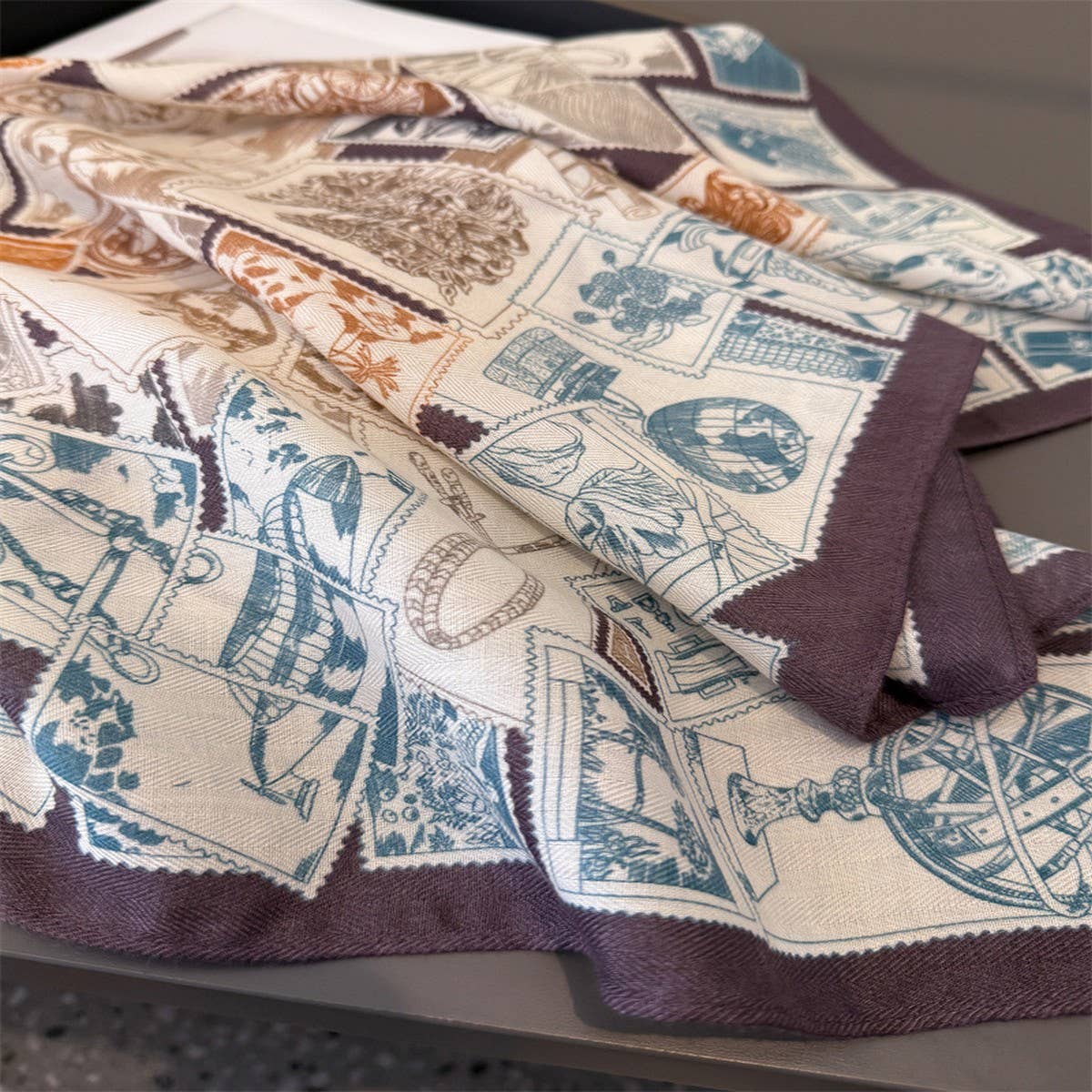 Vintage Stamp Herringbone Linen Feel Scarf_Cwasc03304