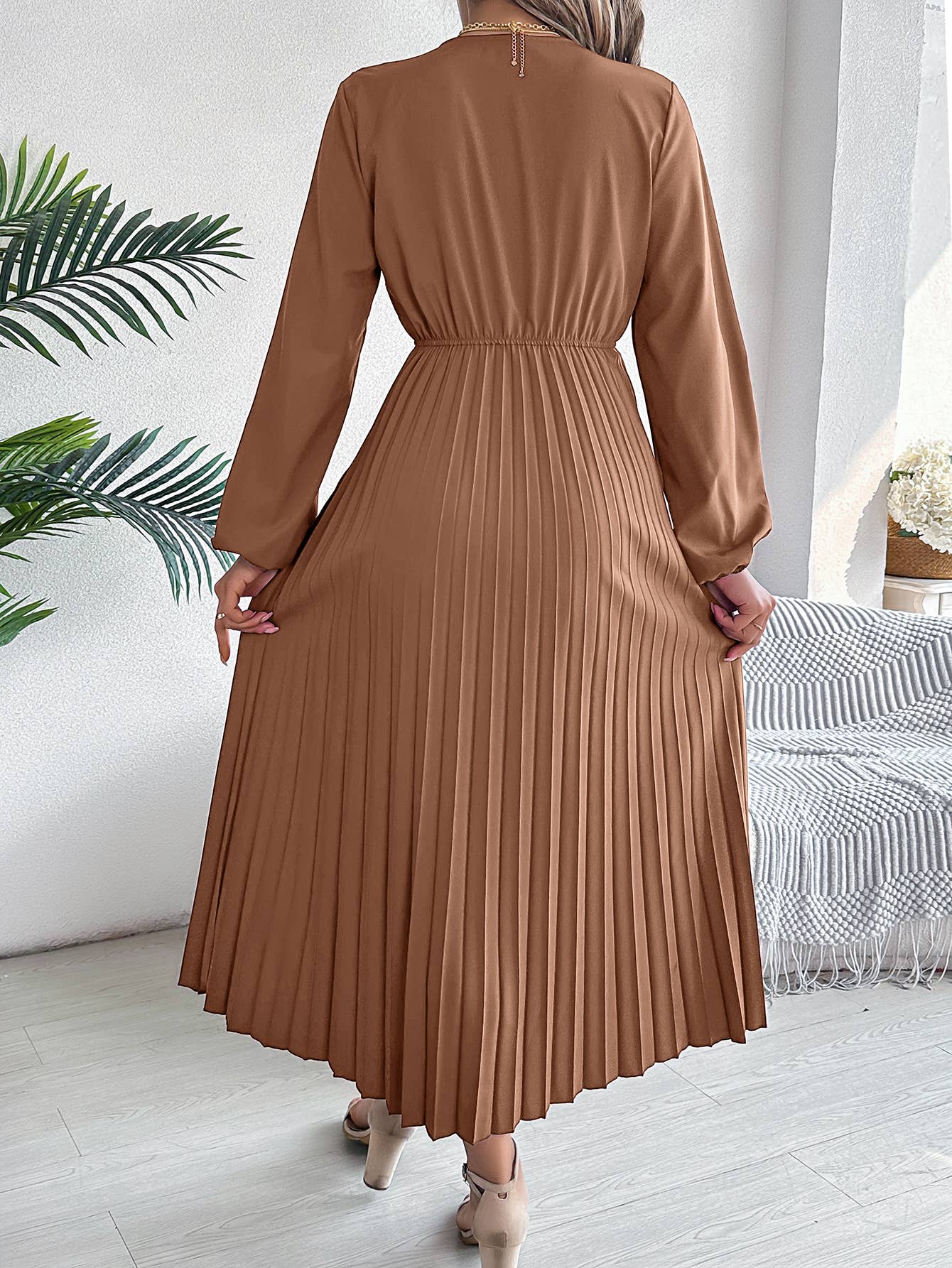 Triple V-Neck Long-Sleeved Waist Pleated Dress