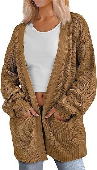 Solid Color Long Knit Women Pocket Cardigan Coat