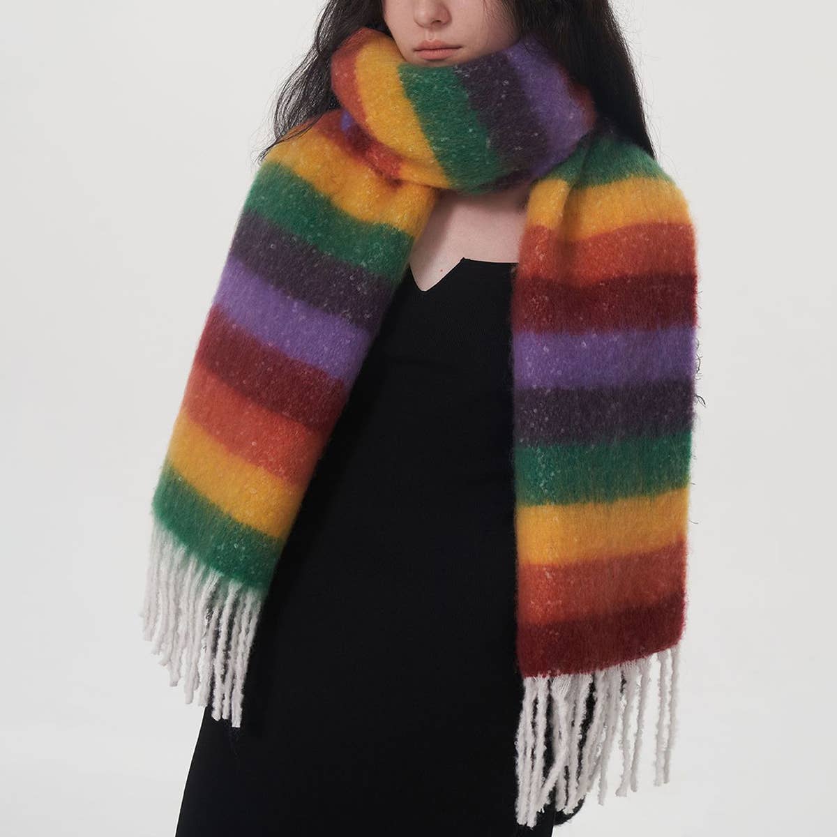 Women Striped Fringed Plaid Scarf