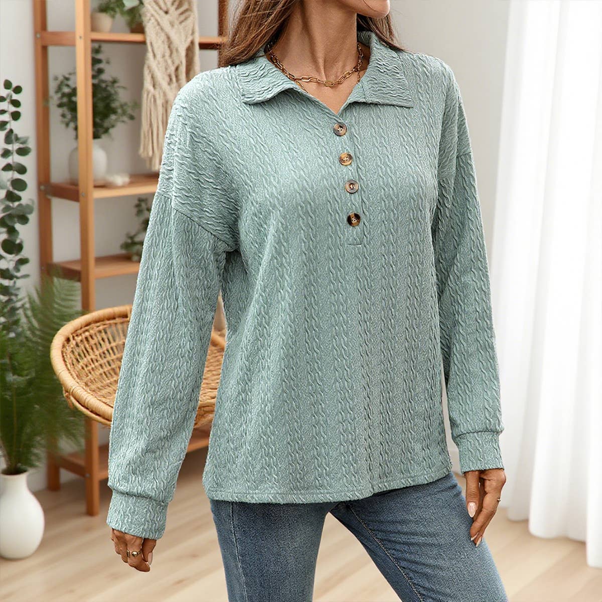 Solid-Color Lapel Loose Long-Sleeved Sweatshirt