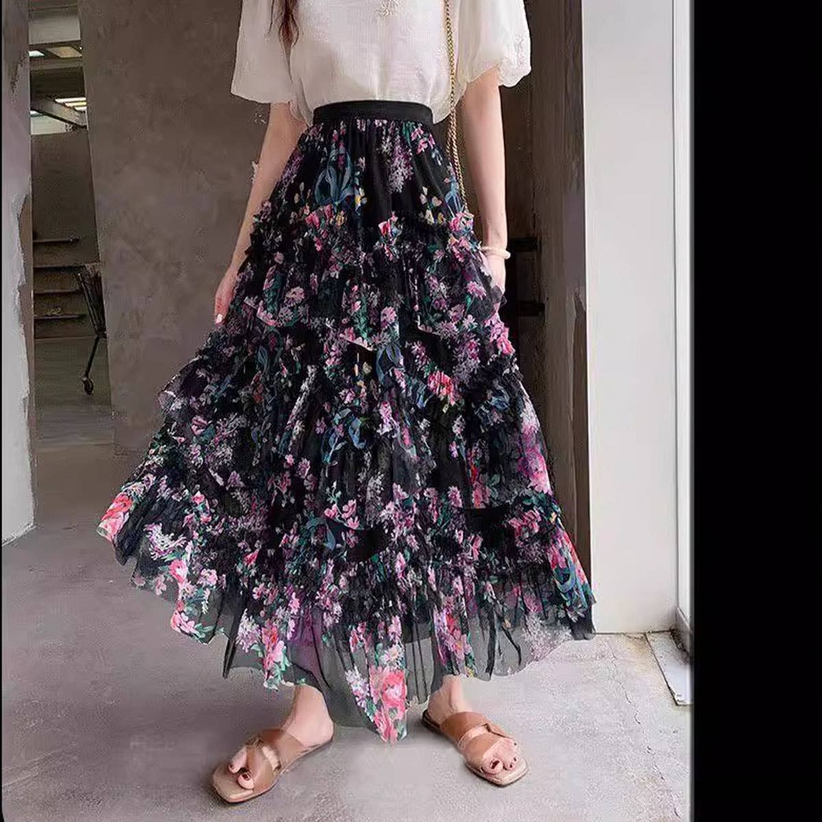 COLORFUL FLORAL MESH PRINT PLEATED TULLE SKIRT_CWBLS0399