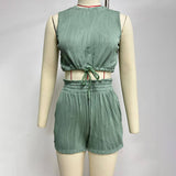 Textured Solid Color Vest Shorts Set