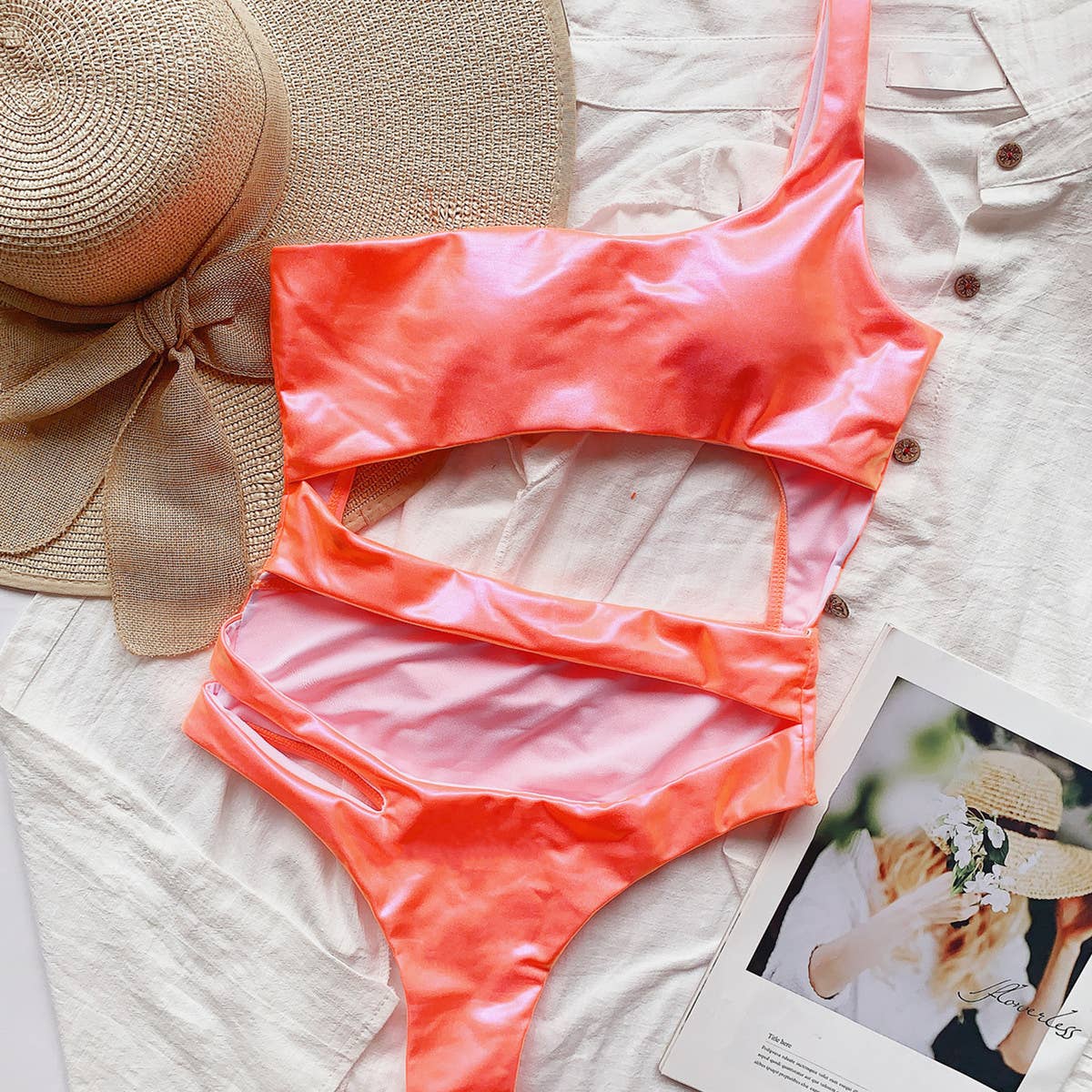 SEXY ONE SHOULDER PATENT LEATHER SWIMSUIT_CWMW0322