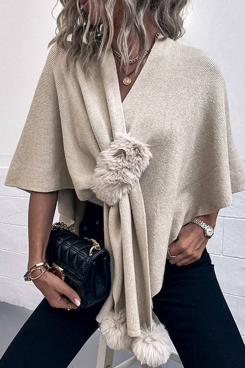Cwocas0052_Solid Color Wool Ball Cape Knitted Shawl