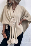 Cwocas0052_Solid Color Wool Ball Cape Knitted Shawl