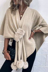 Cwocas0052_Solid Color Wool Ball Cape Knitted Shawl