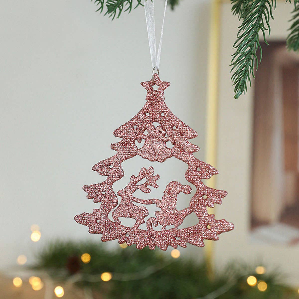 PINK GOLD GLITTER XMAS TREE HANGING DECORATION_CWMM9761