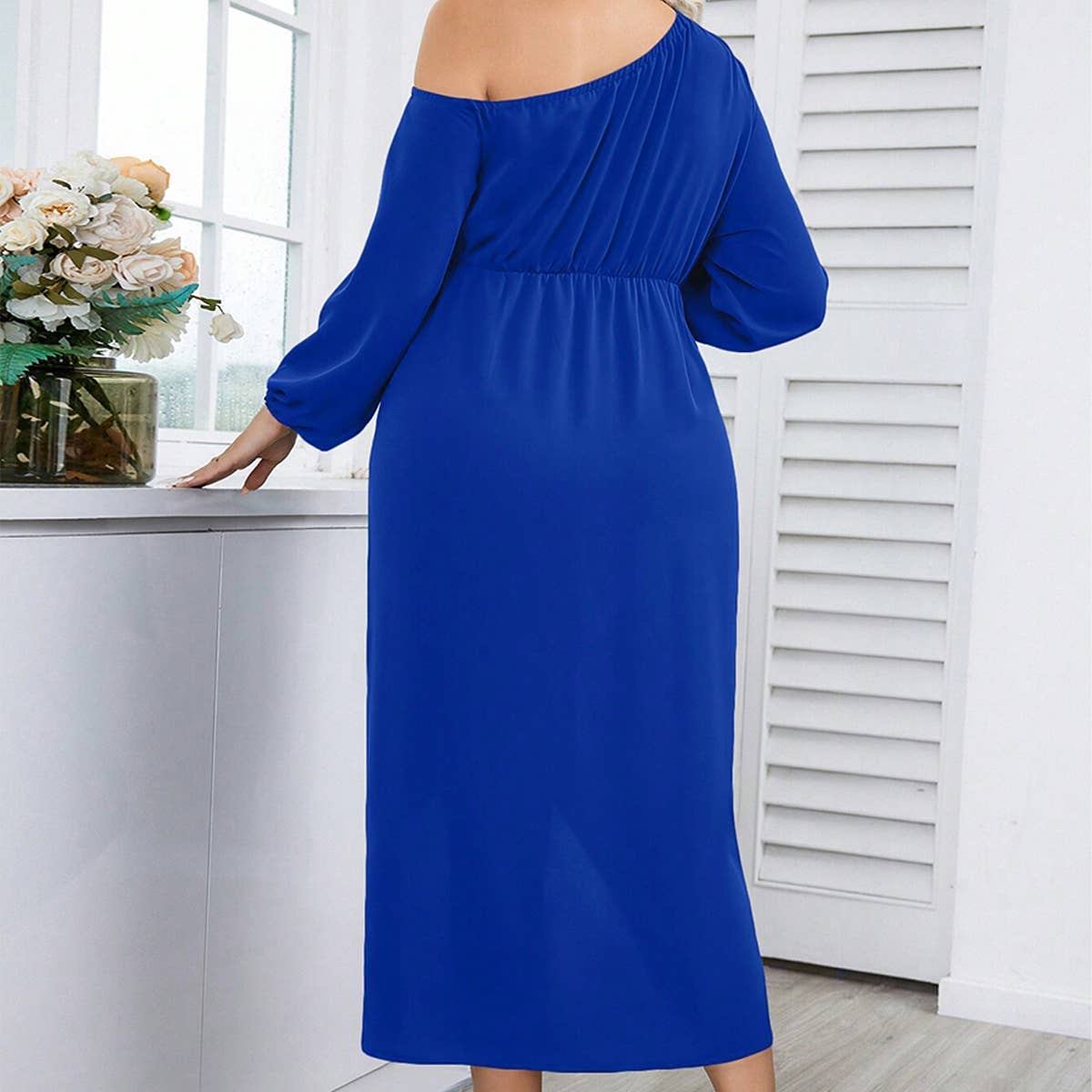 ELEGANT ASYMMETRICAL NECK LONG SLEEVE MIDI DRESS_CWDMD6051