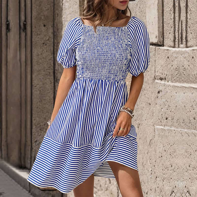 Striped Lapel Halter Dress With Puffy Sleeves
