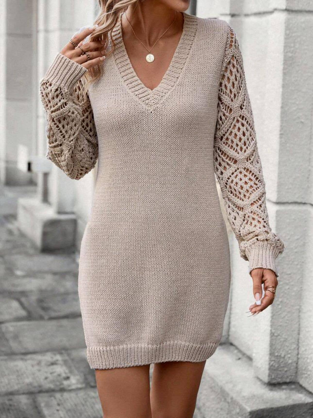 Solid Color Cut-Out V-Neck Sweater Dress