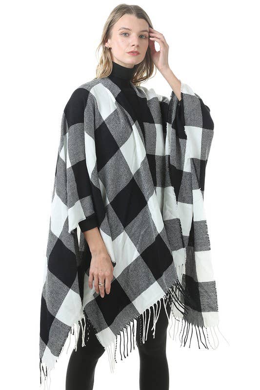 PLAID PATTERN PONCHOS CAPES COLOR BLOCK SHAWL WRAP_CWASC004