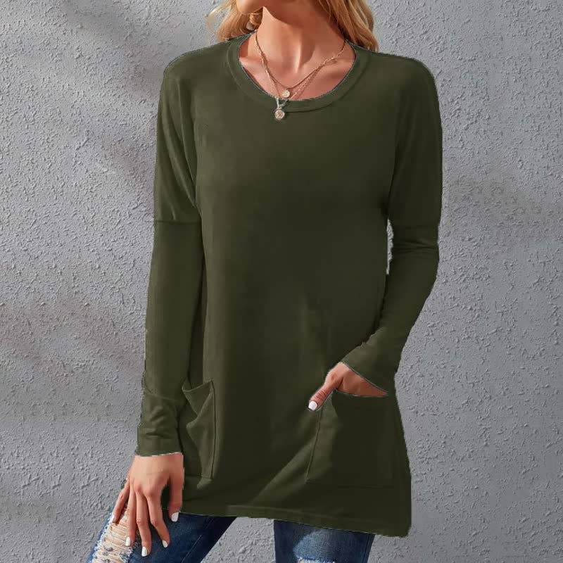 Solid-Color Loose Round-Neck Pocket T-Shirt