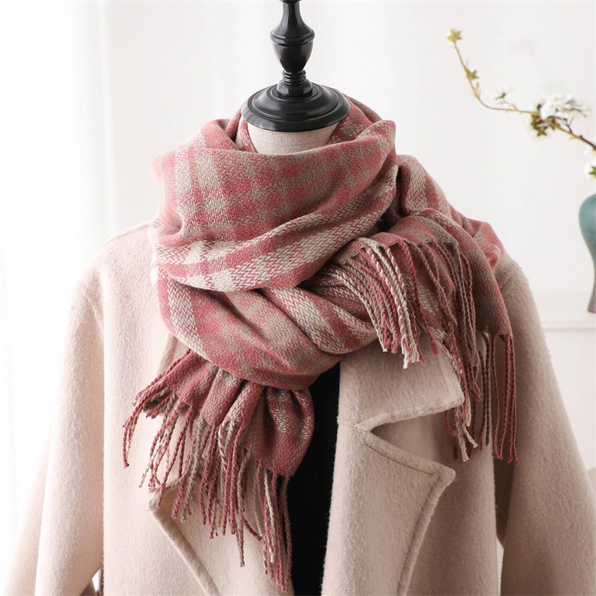 PLAID CASHMERE LIKE SCARF WITH FRINGE FOR WINTER_CWASC1443
