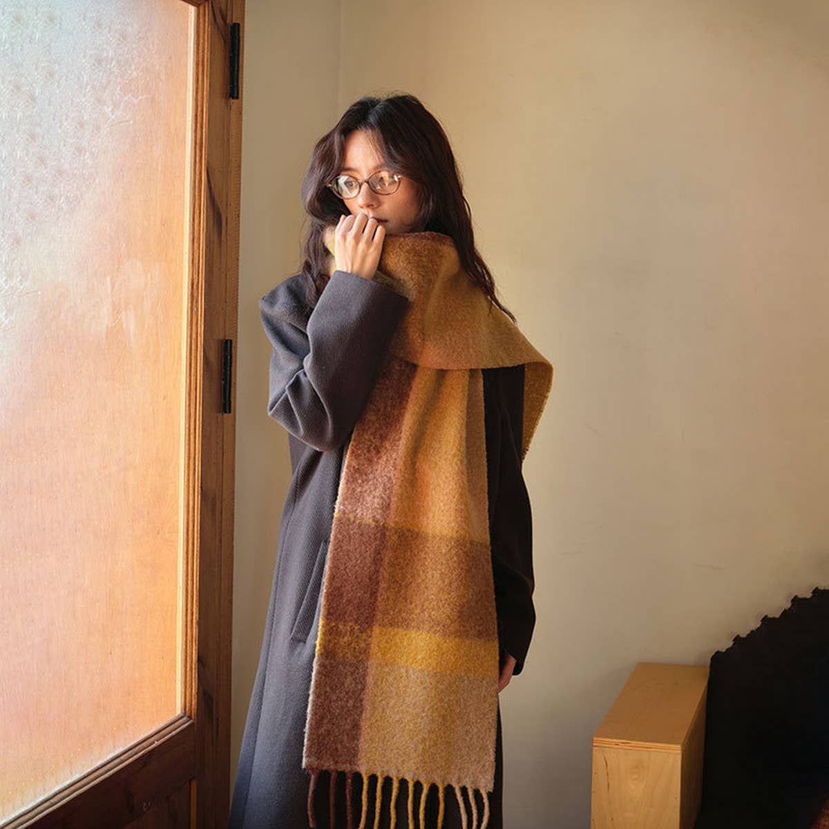 Wool Scarf For Winter Versible Checkered Shawl_Cwasc2327