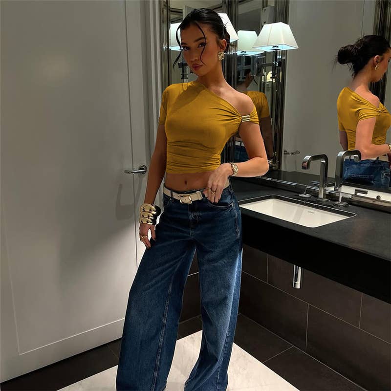 Solid One Shoulder Crop Top