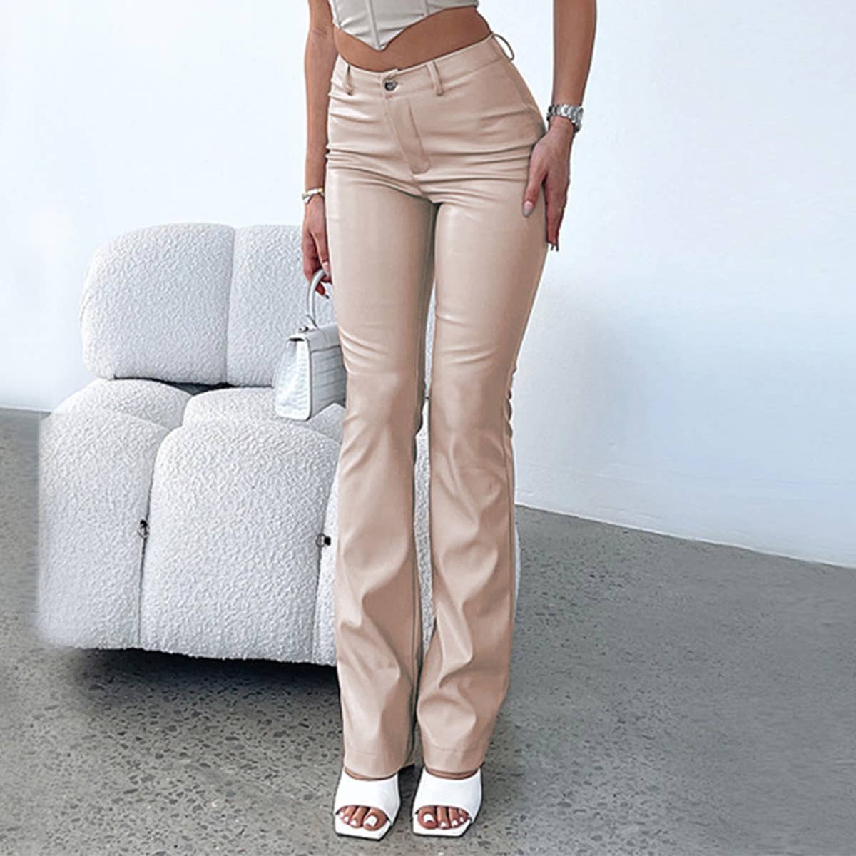 Solid Color Pu Leather Slim Micro-Cropped Pant