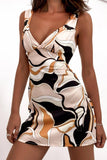 Square Printed V-Neck Slim Sexy Short Dress
