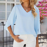 V Neck Ice Silk Solid Color Loose Casual Shirt_Cwtsts0184