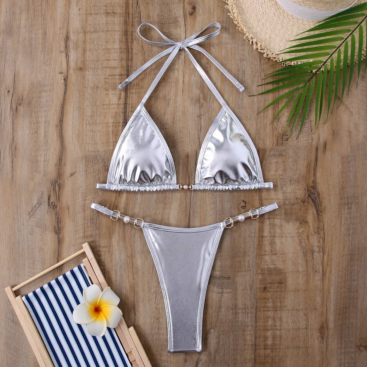 Tie Side Bikini Set Shiny Solid Color Swimsuit