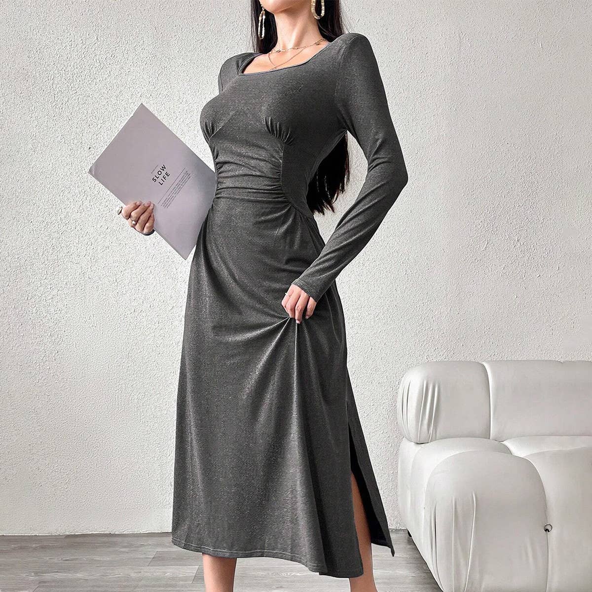 Square Collar Temperament Fold Waist Dress