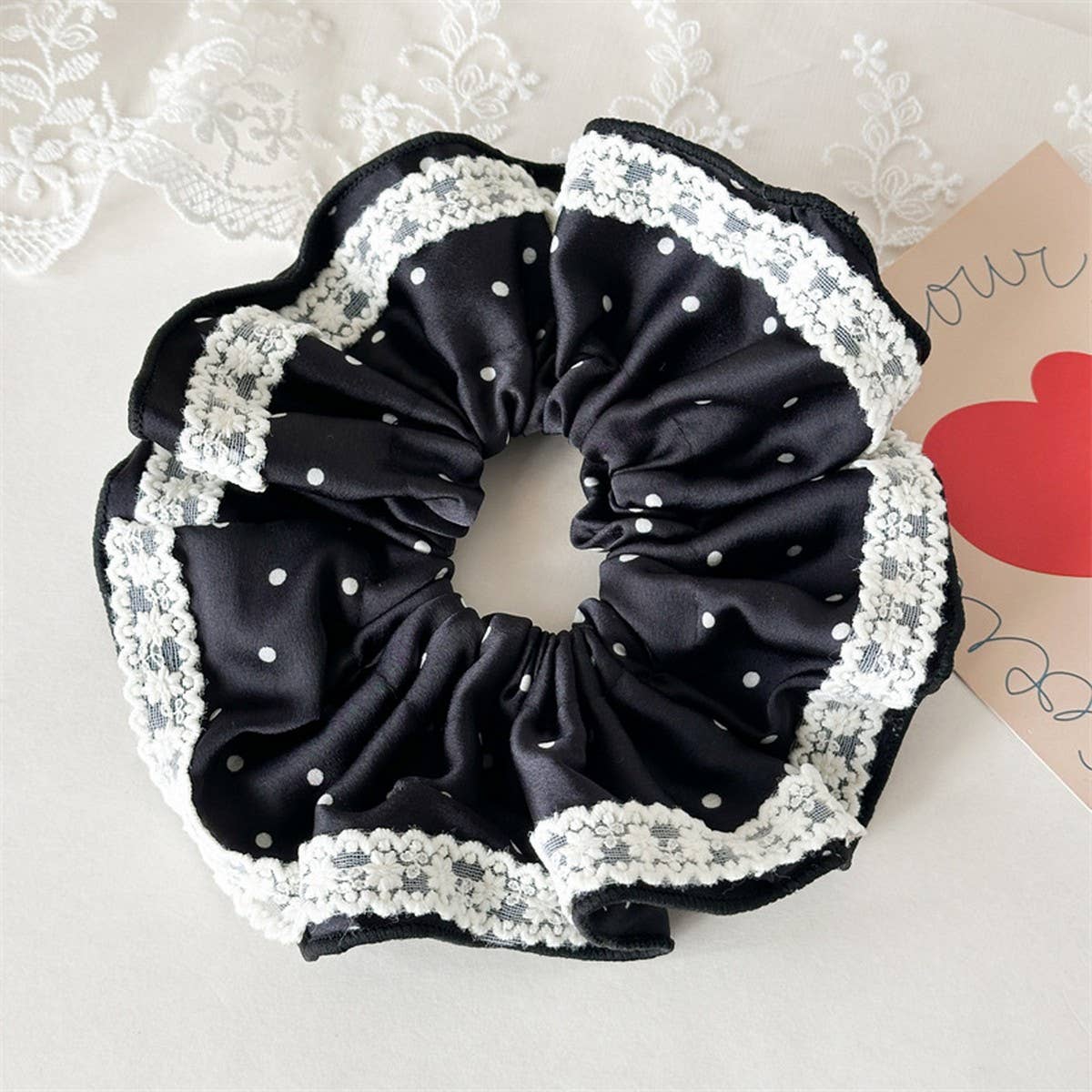 Lace Polka Dot Satin Scrunchie Hair Tie_Cwaha07669