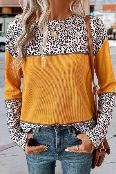 Pullover Leopard Print Patchwork Waffle Knit
