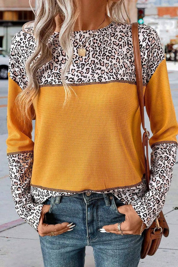 Pullover Leopard Print Patchwork Waffle Knit