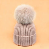 Winter Knit Beanie Hat With Fox Fur Pom For Women_Cwah05043