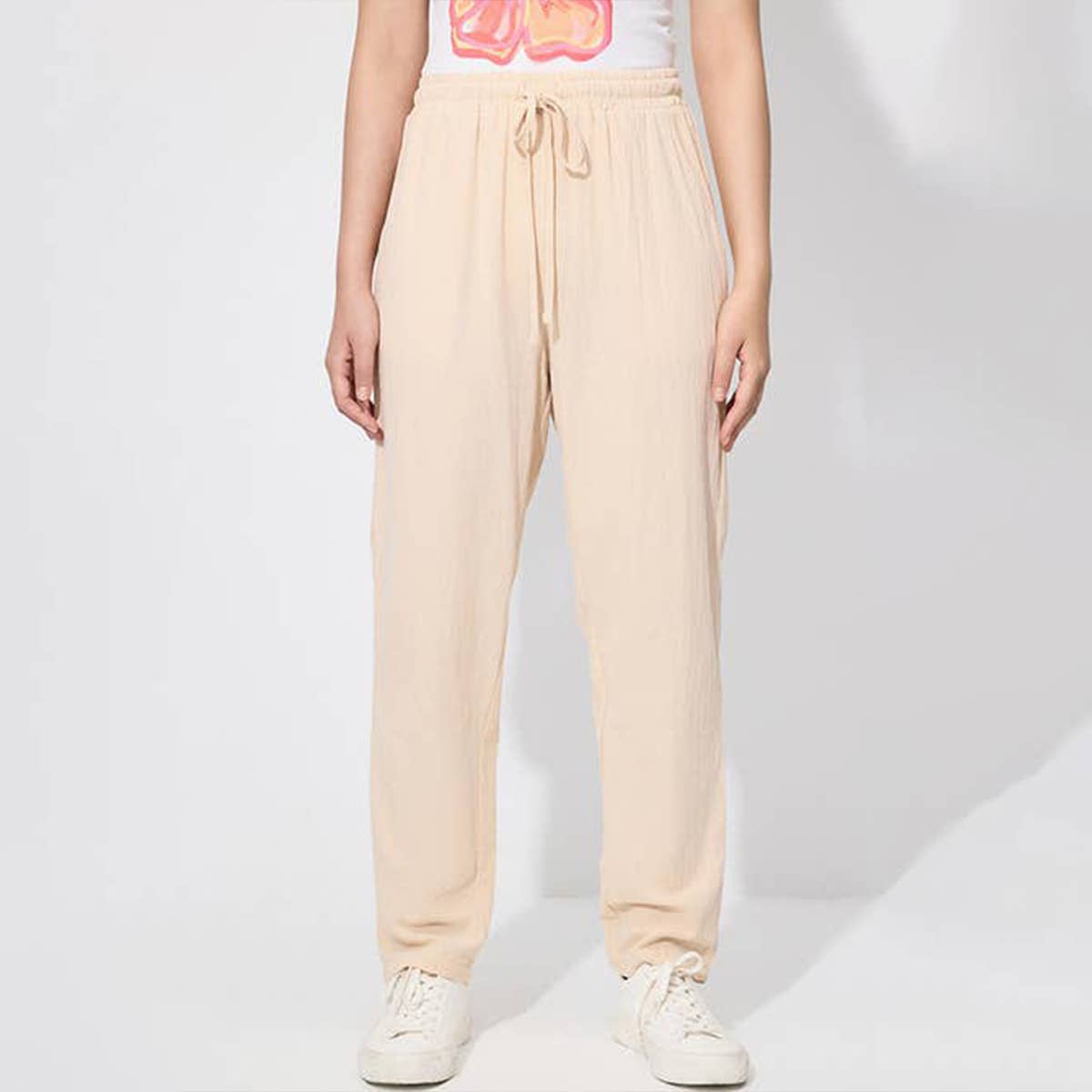 Solid Color Lace-Up High-Waisted Wide-Leg Pants