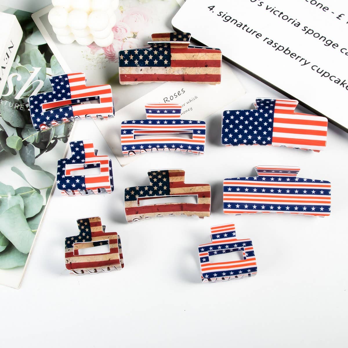 Cwaha1245_4Th Of July Flag 8Cm Rectangular Hair Claw Clip